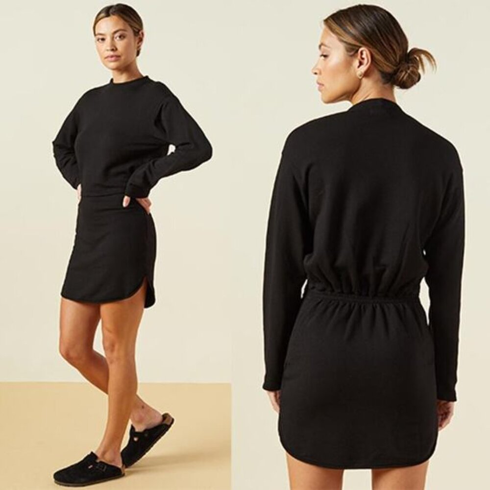 NEW Monrow Super Soft Casual Fleece Black Long Sleeve Mini Sweatshirt Dress - Picture 9 of 9